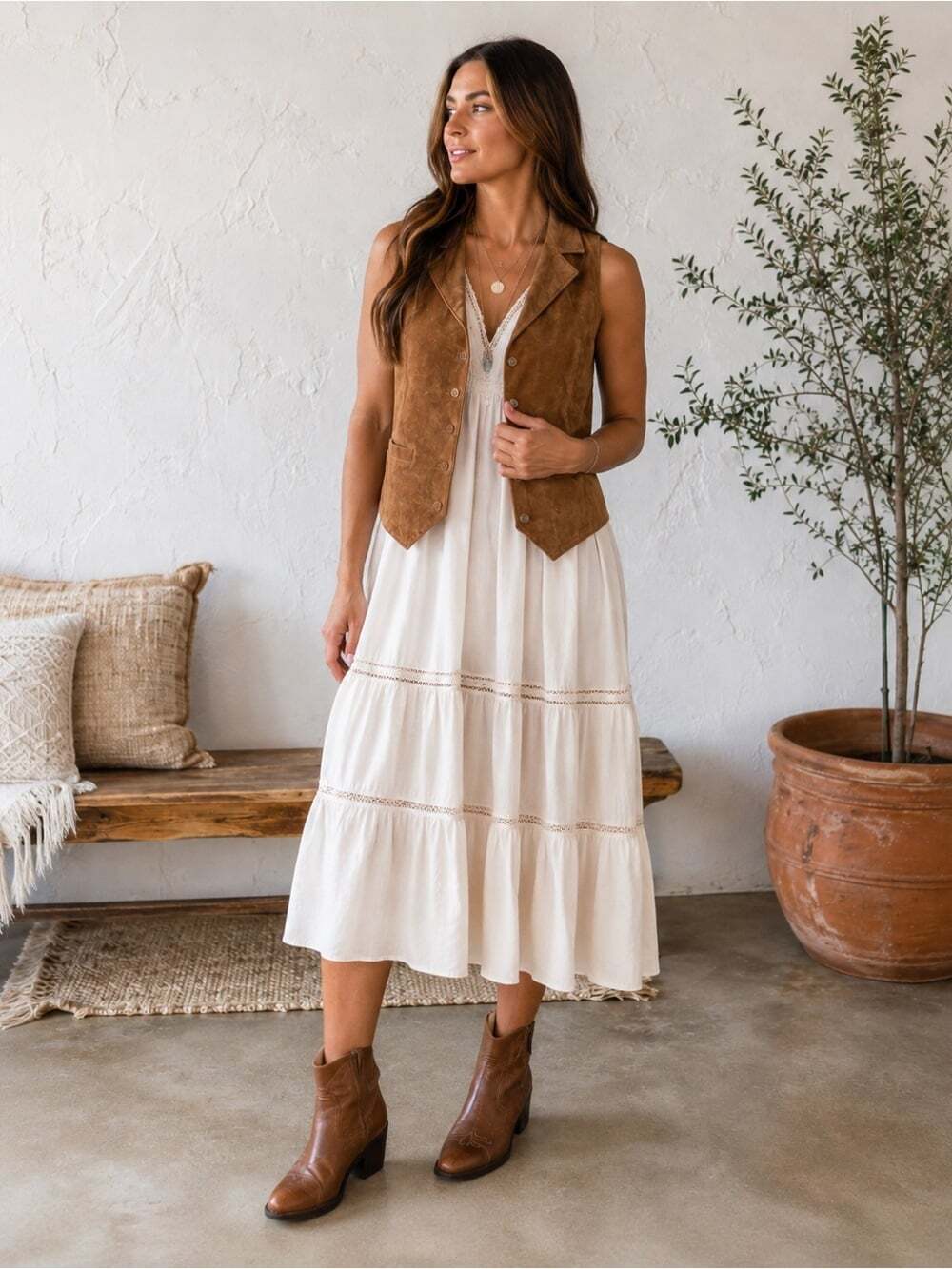 Western Boho Vintage Genuine Suede Leather Vest Beth Dutton Ranch Size L